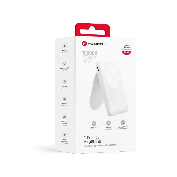Powerbank z MagSafe i podpórką Forcell F-Energy MagStand F10K2 10000 mAh PD 20W QC 3.0 – Biały