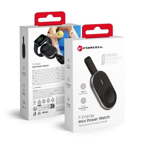 Kompaktowy powerbank do Apple Watch Forcell F-Energy Mini Power Watch 1200 mAh z kablem USB-C – Czarny