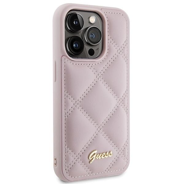 Etui Guess iPhone 15 Pro Quilted Metal Logo Różowe - Pikowany Pokrowiec