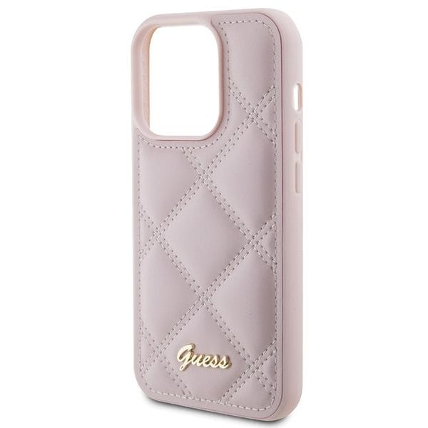 Etui Guess iPhone 15 Pro Quilted Metal Logo Różowe - Pikowany Pokrowiec