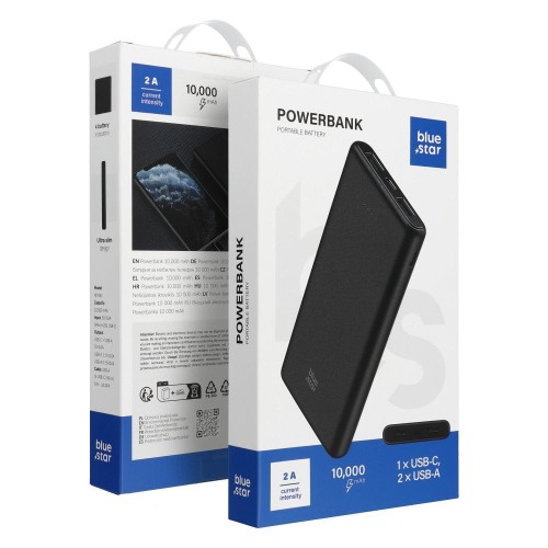 Niezawodny i smukły powerbank Blue Star W1061 10000 mAh 2A z kablem USB-C – Czarny