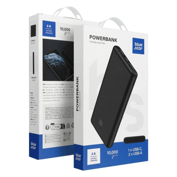 Niezawodny i smukły powerbank Blue Star W1061 10000 mAh 2A z kablem USB-C – Czarny