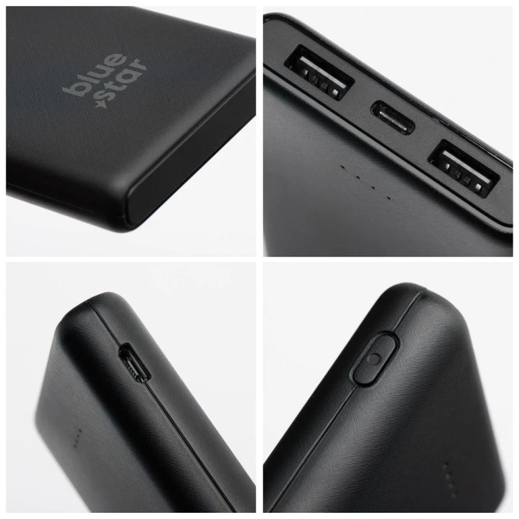 Niezawodny i smukły powerbank Blue Star W1061 10000 mAh 2A z kablem USB-C – Czarny