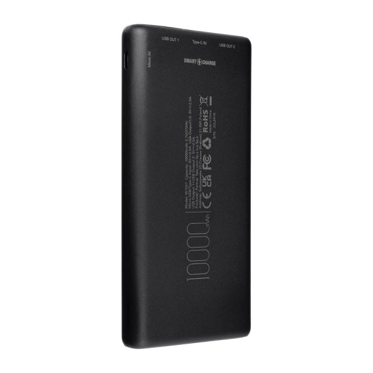 Niezawodny i smukły powerbank Blue Star W1061 10000 mAh 2A z kablem USB-C – Czarny