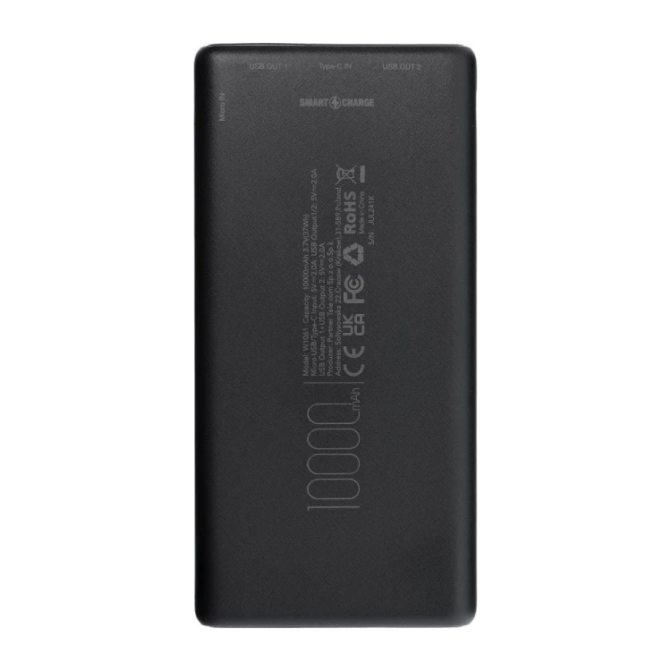 Niezawodny i smukły powerbank Blue Star W1061 10000 mAh 2A z kablem USB-C – Czarny