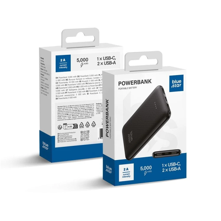 Kompaktowy i smukły powerbank Blue Star W0539 5000 mAh 2A z kablem USB-C – Czarny