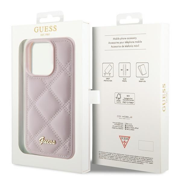 Etui Guess iPhone 15 Pro Quilted Metal Logo Różowe - Pikowany Pokrowiec