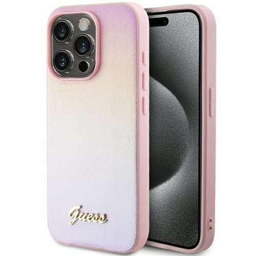 Etui Guess iPhone 14 Pro Saffiano Iridescent Script Różowe - Pokrowiec