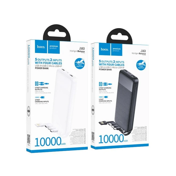 Uniwersalny powerbank 5w1 Hoco J163 10000 mAh 2A z wbudowanymi kablami i wskaźnikiem LED – Czarny