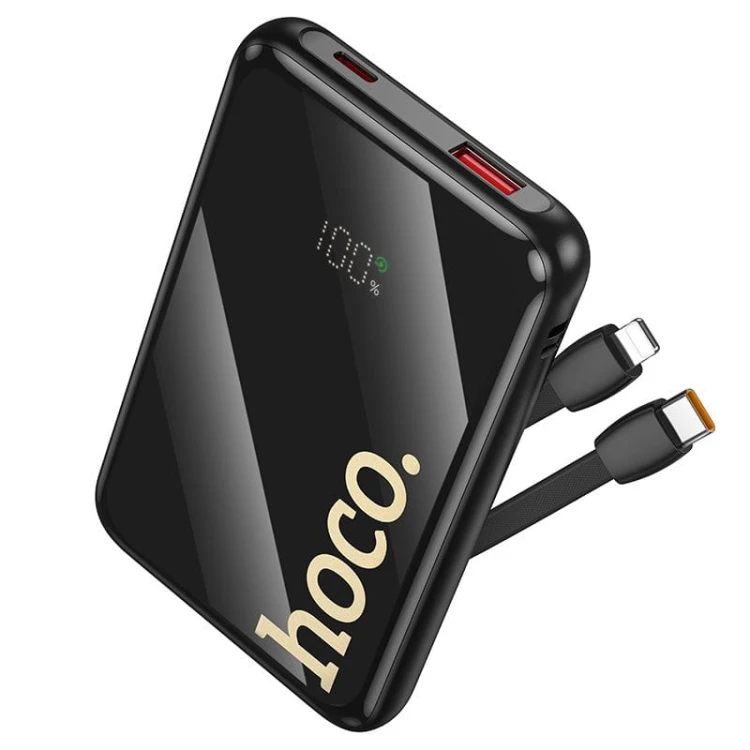 Kompaktowy powerbank 4w1 Hoco Q37 10000 mAh PD 20W / QC 22.5W z wbudowanymi kablami USB-C i Lightning – Czarny