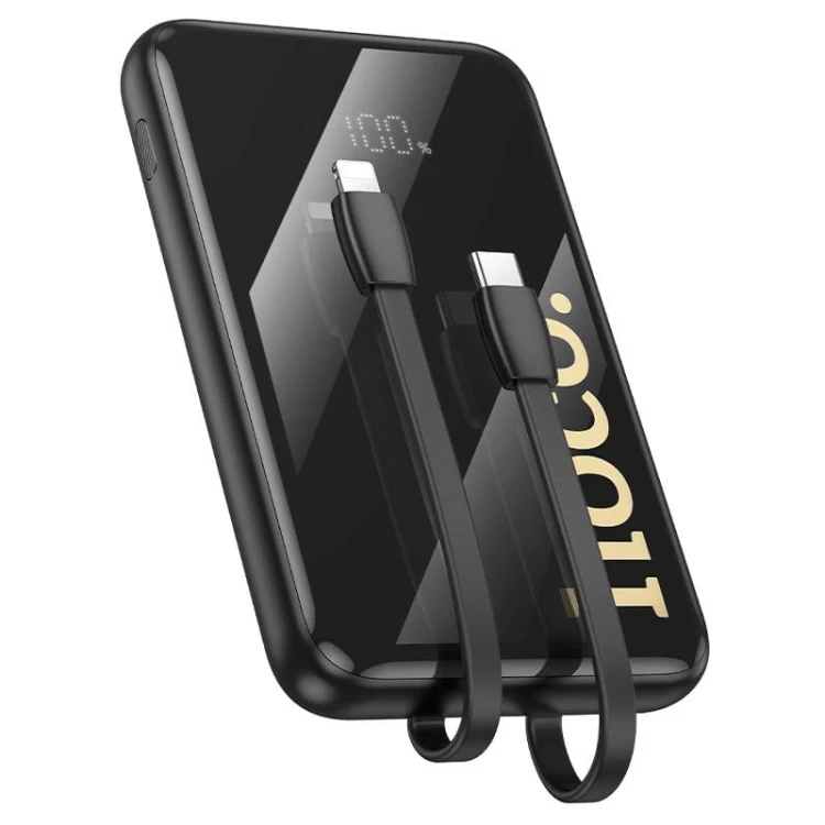 Kompaktowy powerbank 4w1 Hoco Q37 10000 mAh PD 20W / QC 22.5W z wbudowanymi kablami USB-C i Lightning – Czarny
