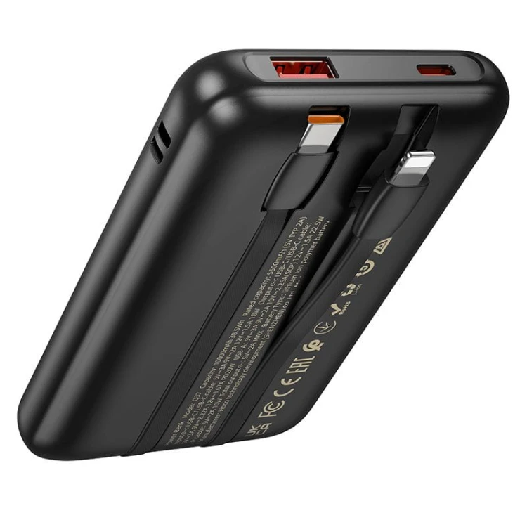 Kompaktowy powerbank 4w1 Hoco Q37 10000 mAh PD 20W / QC 22.5W z wbudowanymi kablami USB-C i Lightning – Czarny