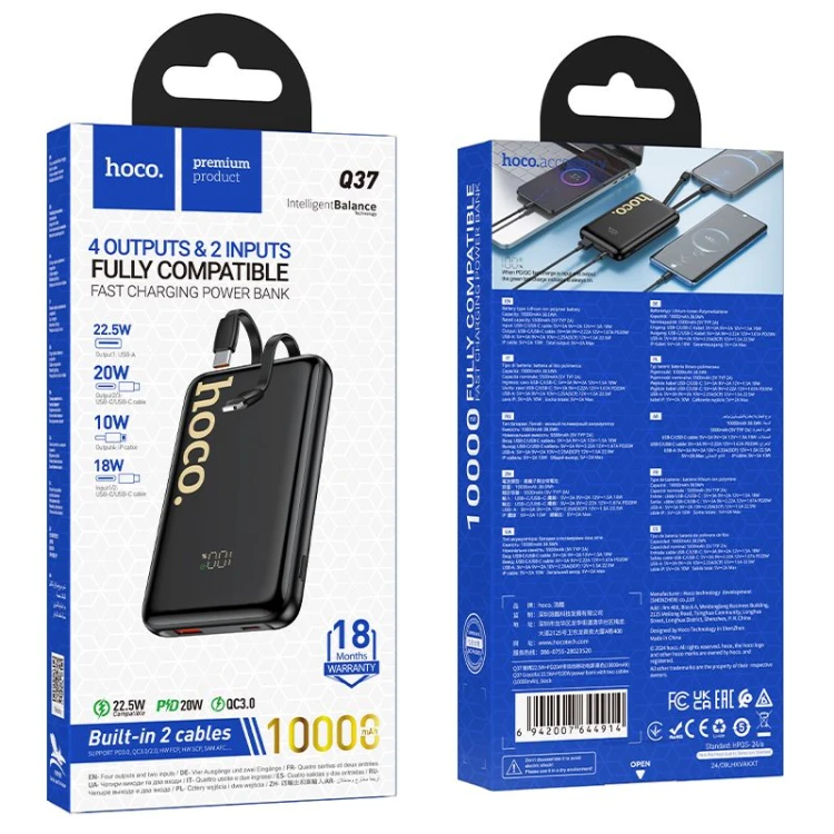 Kompaktowy powerbank 4w1 Hoco Q37 10000 mAh PD 20W / QC 22.5W z wbudowanymi kablami USB-C i Lightning – Czarny
