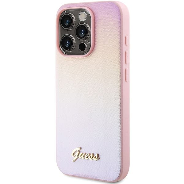 Etui Guess iPhone 14 Pro Saffiano Iridescent Script Różowe - Pokrowiec