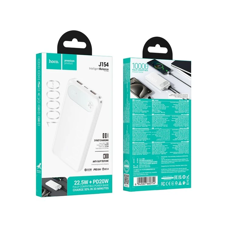 Smukły powerbank Hoco J154 10000 mAh PD 20W / QC 22.5W z wyświetlaczem LCD – Biały