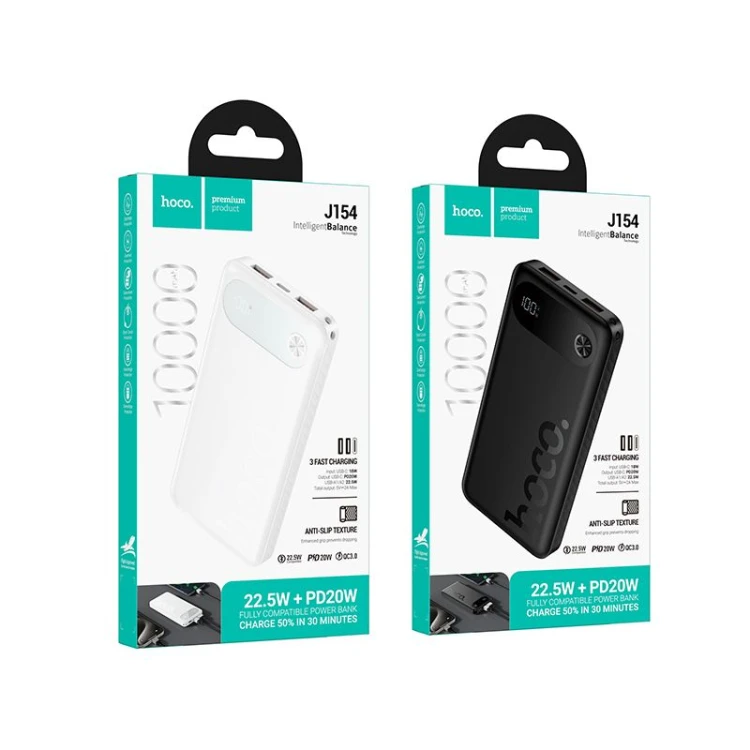 Smukły powerbank Hoco J154 10000 mAh PD 20W / QC 22.5W z wyświetlaczem LCD – Biały