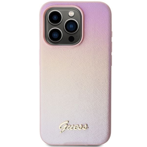 Etui Guess iPhone 14 Pro Saffiano Iridescent Script Różowe - Pokrowiec