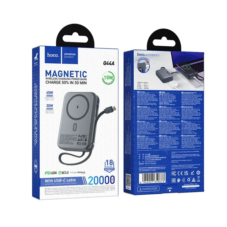 Potężny powerbank z MagSafe Hoco Q44A 20000 mAh PD 45W QC do smartfonów i laptopów – Czarny