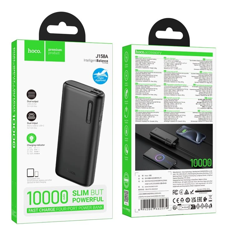 Niezawodny powerbank Hoco J158A 10000 mAh 2A z ogniwami 18650 – Czarny