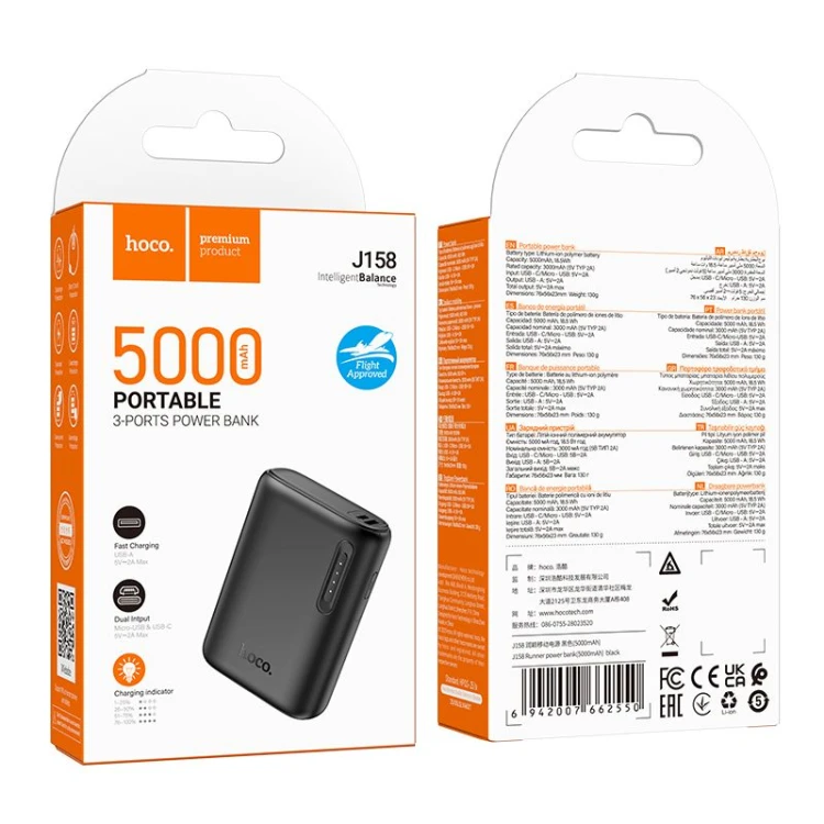 Kompaktowy powerbank kieszonkowy Hoco J158 5000 mAh 2A z wskaźnikiem LED – Czarny