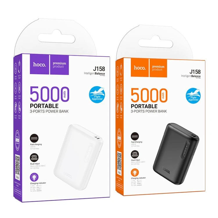Kompaktowy powerbank kieszonkowy Hoco J158 5000 mAh 2A z wskaźnikiem LED – Czarny
