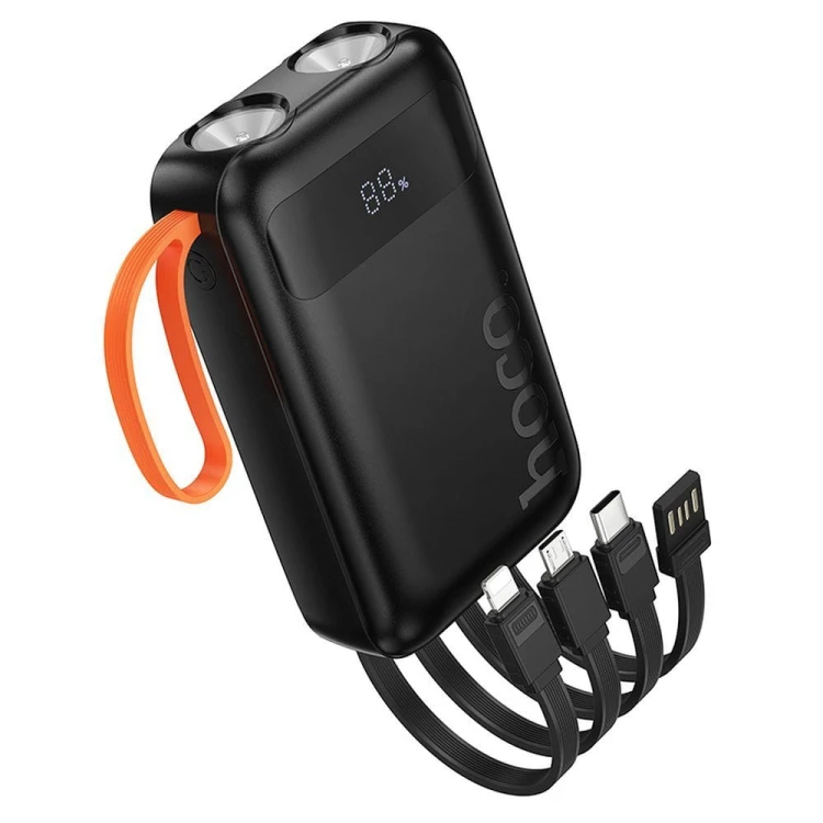 Kompaktowy powerbank 4w1 Hoco J151 10000 mAh 2A z wbudowanymi kablami i podwójną latarką LED – Czarny