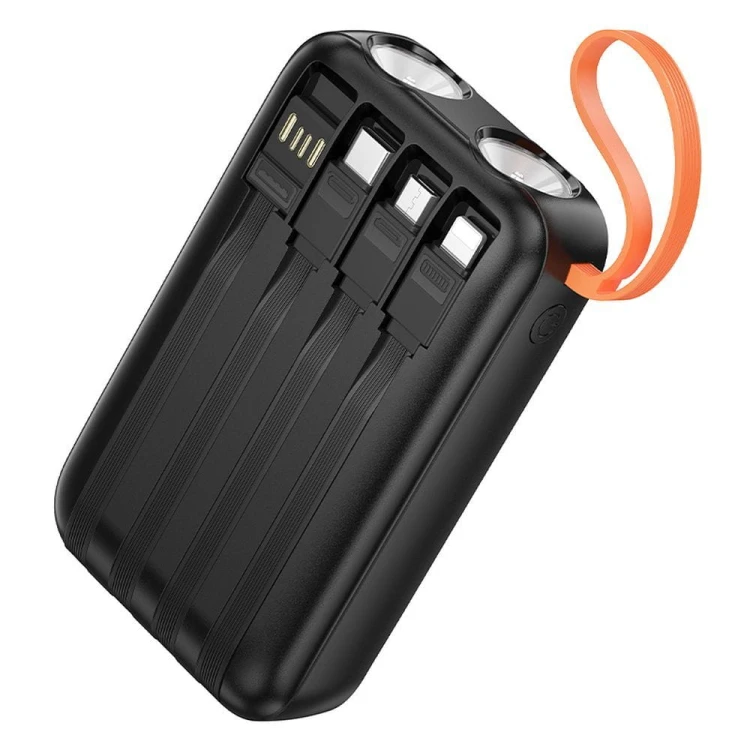 Kompaktowy powerbank 4w1 Hoco J151 10000 mAh 2A z wbudowanymi kablami i podwójną latarką LED – Czarny
