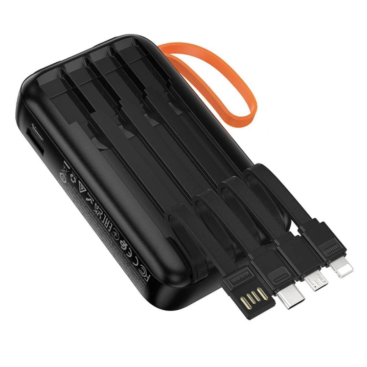 Kompaktowy powerbank 4w1 Hoco J151 10000 mAh 2A z wbudowanymi kablami i podwójną latarką LED – Czarny