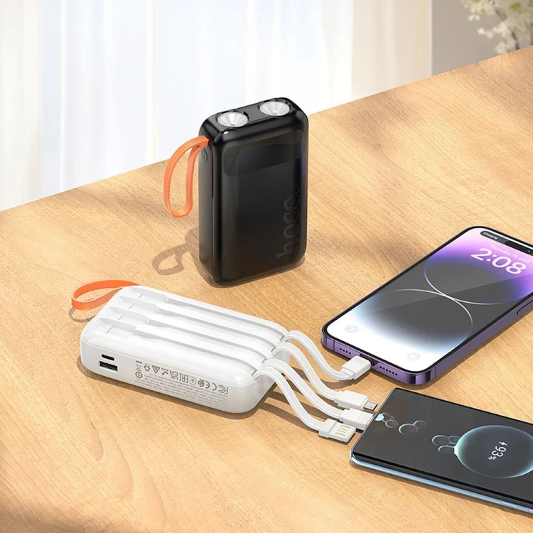 Kompaktowy powerbank 4w1 Hoco J151 10000 mAh 2A z wbudowanymi kablami i podwójną latarką LED – Czarny