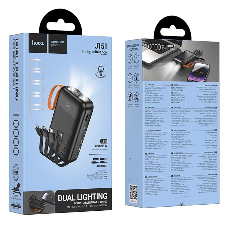 Kompaktowy powerbank 4w1 Hoco J151 10000 mAh 2A z wbudowanymi kablami i podwójną latarką LED – Czarny
