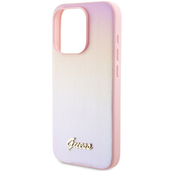 Etui Guess iPhone 14 Pro Saffiano Iridescent Script Różowe - Pokrowiec