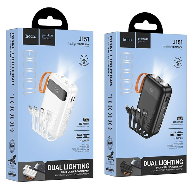 Kompaktowy powerbank 4w1 Hoco J151 10000 mAh 2A z wbudowanymi kablami i podwójną latarką LED – Czarny