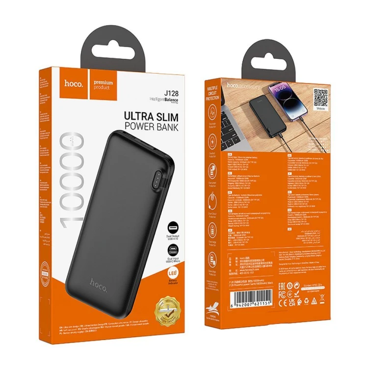 Ultrasmukły powerbank Hoco J128 10000 mAh 2A z wskaźnikiem LED – Czarny