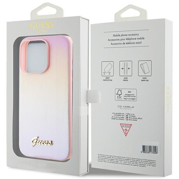Etui Guess iPhone 14 Pro Saffiano Iridescent Script Różowe - Pokrowiec