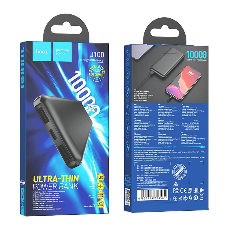 Niezawodny i smukły powerbank Hoco J100 10000 mAh 2.1A z wskaźnikiem LED – Czarny