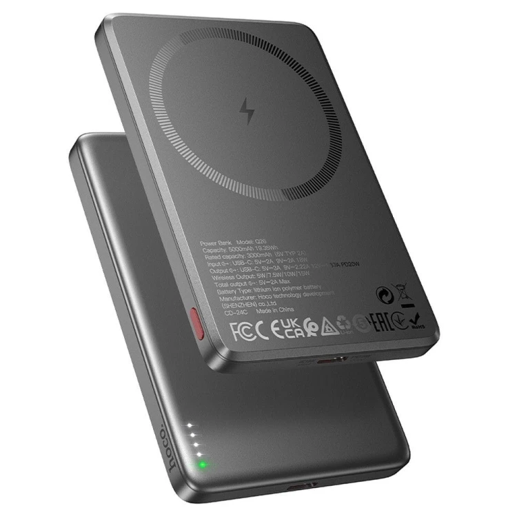 Kompaktowy powerbank z MagSafe Hoco Q26 5000 mAh PD 20W QC – Szary (ze złotym wykończeniem)