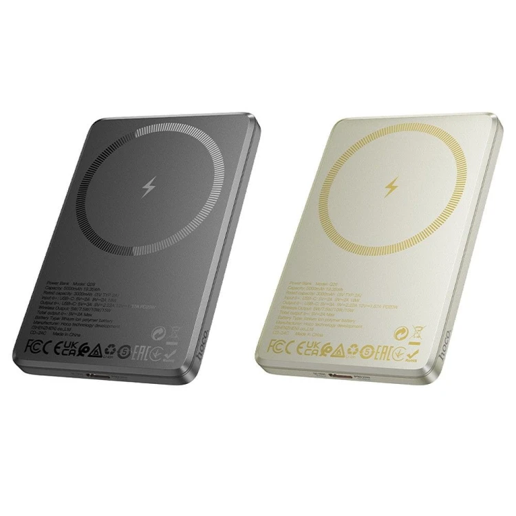 Kompaktowy powerbank z MagSafe Hoco Q26 5000 mAh PD 20W QC – Szary (ze złotym wykończeniem)