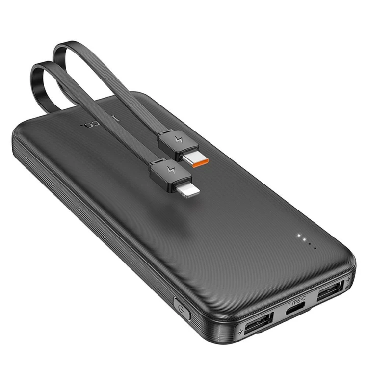 Uniwersalny powerbank Hoco J118 10000 mAh 2A z wbudowanymi kablami USB-C i Lightning – Czarny