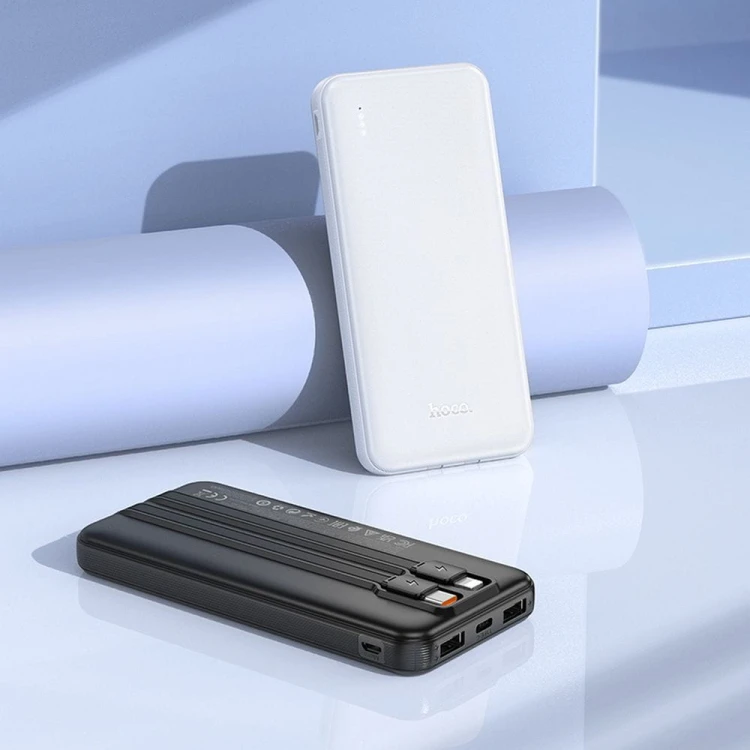 Uniwersalny powerbank Hoco J118 10000 mAh 2A z wbudowanymi kablami USB-C i Lightning – Czarny