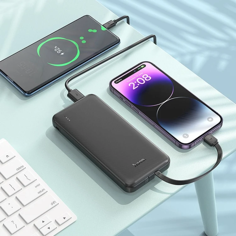 Uniwersalny powerbank Hoco J118 10000 mAh 2A z wbudowanymi kablami USB-C i Lightning – Czarny