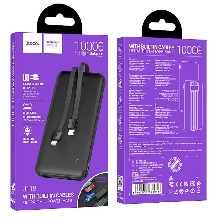 Uniwersalny powerbank Hoco J118 10000 mAh 2A z wbudowanymi kablami USB-C i Lightning – Czarny