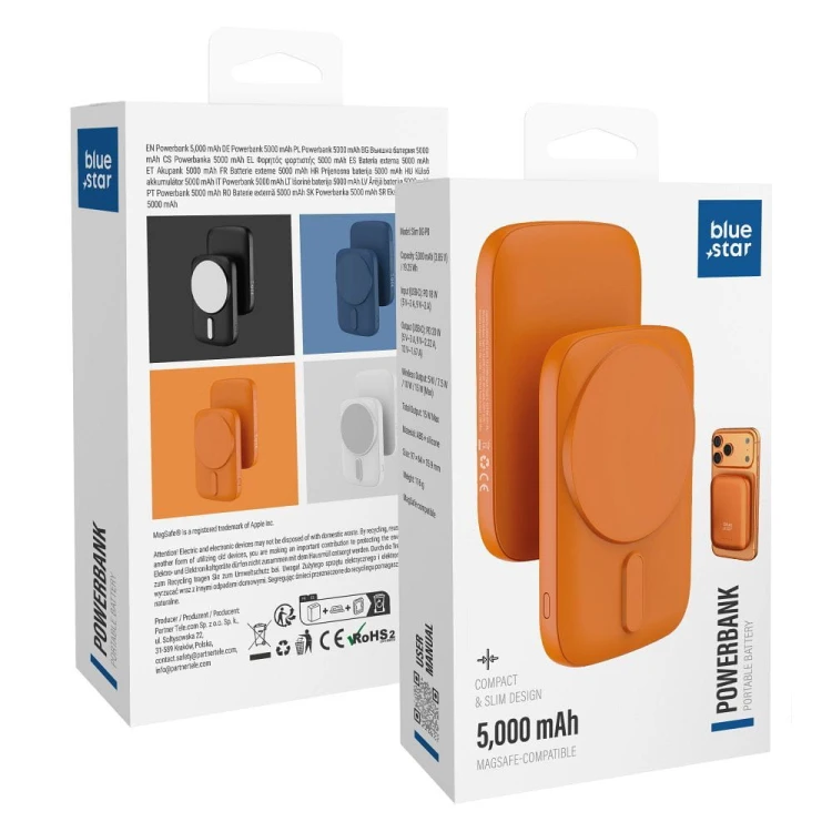 Ultra-lekki powerbank z MagSafe Blue Star Slim DG-P8 5000 mAh PD 20W – Pomarańczowy