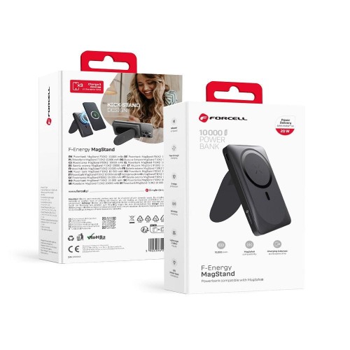 Kompaktowy powerbank z MagSafe i podpórką Forcell F-Energy MagStand F10K2 10000 mAh PD 20W QC 3.0 – Czarny