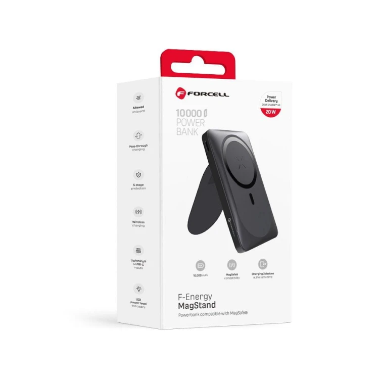 Kompaktowy powerbank z MagSafe i podpórką Forcell F-Energy MagStand F10K2 10000 mAh PD 20W QC 3.0 – Czarny