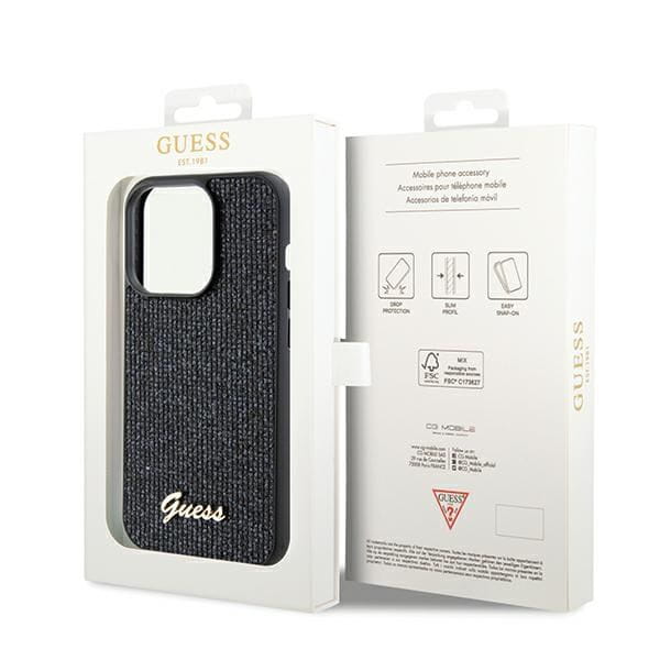 Etui Guess iPhone 14 Pro Disco Metal Script Czarne - Pokrowiec z Kryształkami
