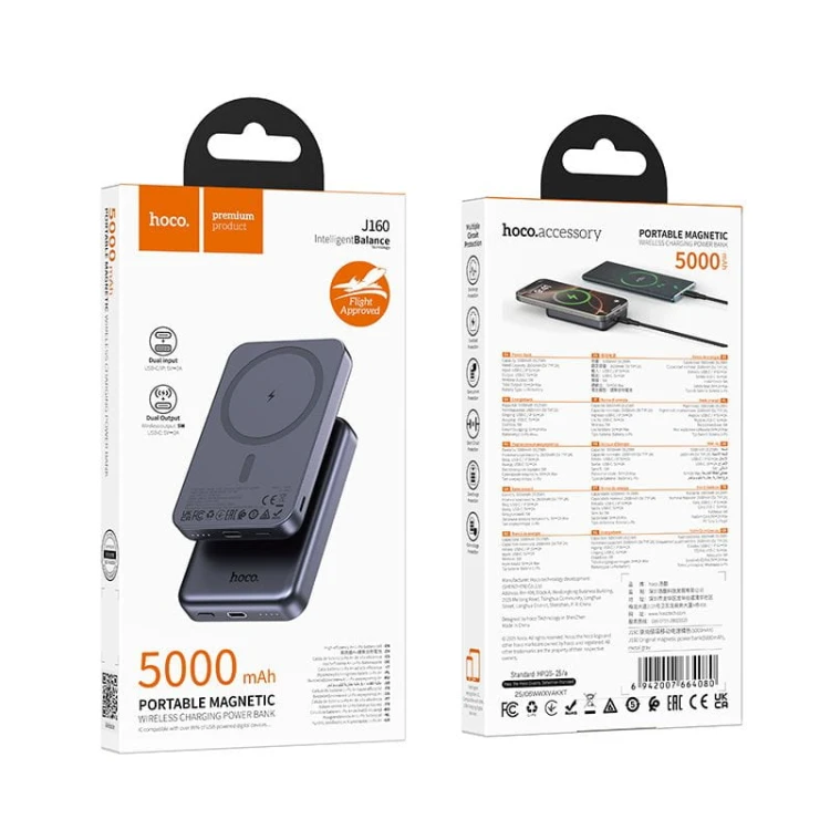 Kompaktowy powerbank z MagSafe Hoco J160 5000 mAh 2A z wejściem Lightning i USB-C – Szary