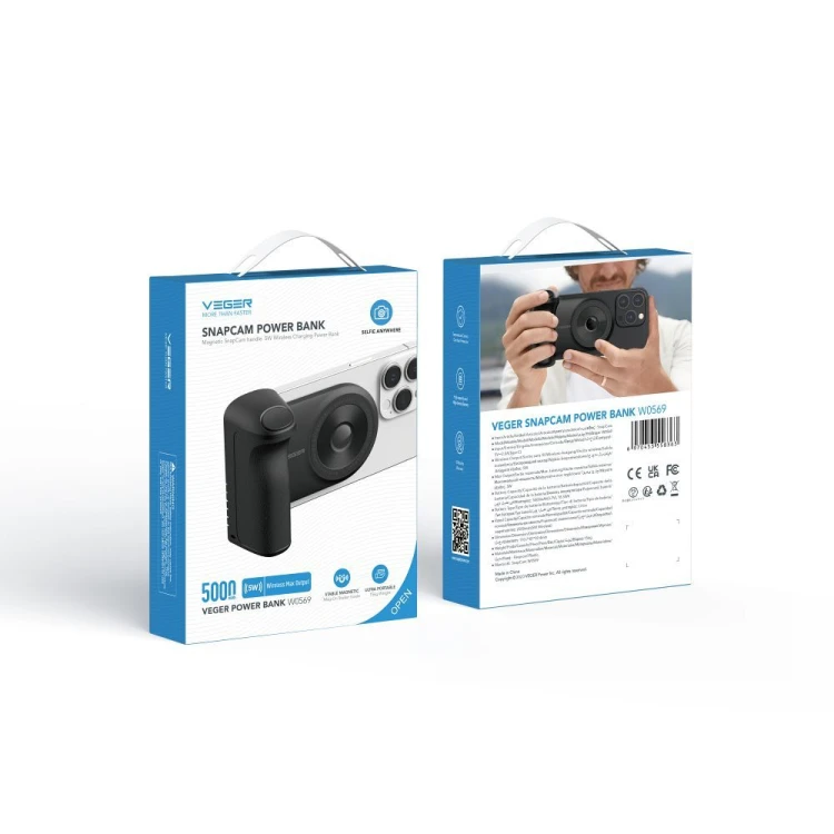 Innowacyjny powerbank 3w1 Veger Tourist (W0569) 5000 mAh PD / QC 3.0 20W z MagSafe i uchwytem fotograficznym Bluetooth – Czarny