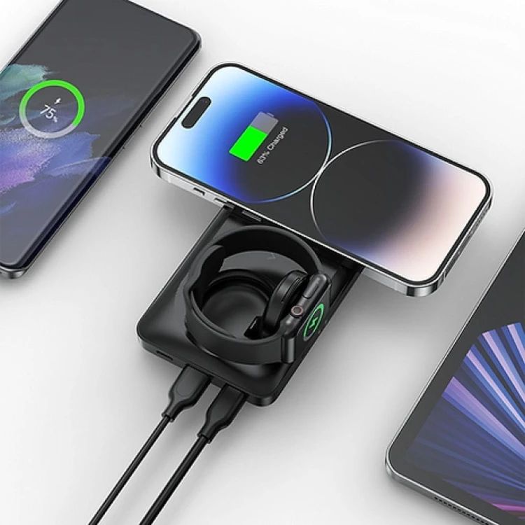 Multifunkcyjny powerbank 6w1 Veger MagMulti (W1156) 10000 mAh PD 3.0 / QC 3.0 22.5W z MagSafe i ładowarką Apple Watch – Czarny