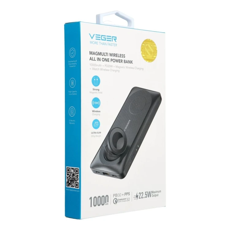 Multifunkcyjny powerbank 6w1 Veger MagMulti (W1156) 10000 mAh PD 3.0 / QC 3.0 22.5W z MagSafe i ładowarką Apple Watch – Czarny