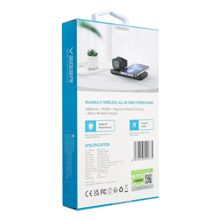 Multifunkcyjny powerbank 6w1 Veger MagMulti (W1156) 10000 mAh PD 3.0 / QC 3.0 22.5W z MagSafe i ładowarką Apple Watch – Czarny